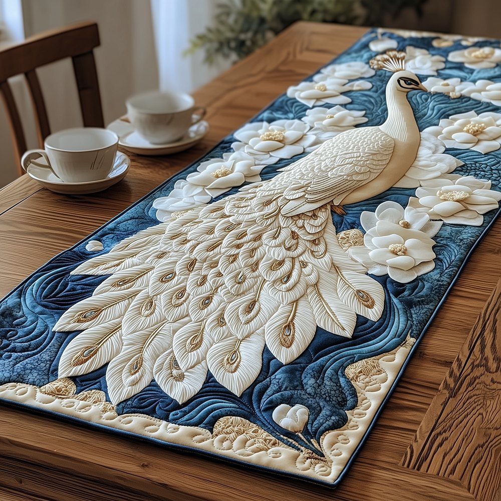 Ivory Peacock with Blue Feather Border Table Runner
