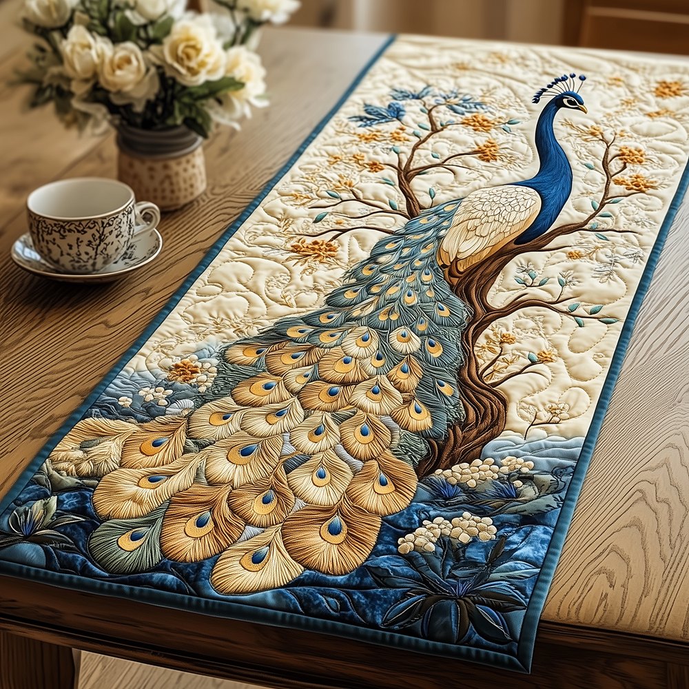Golden Peacock on Blue Blossom Branch Table Runner