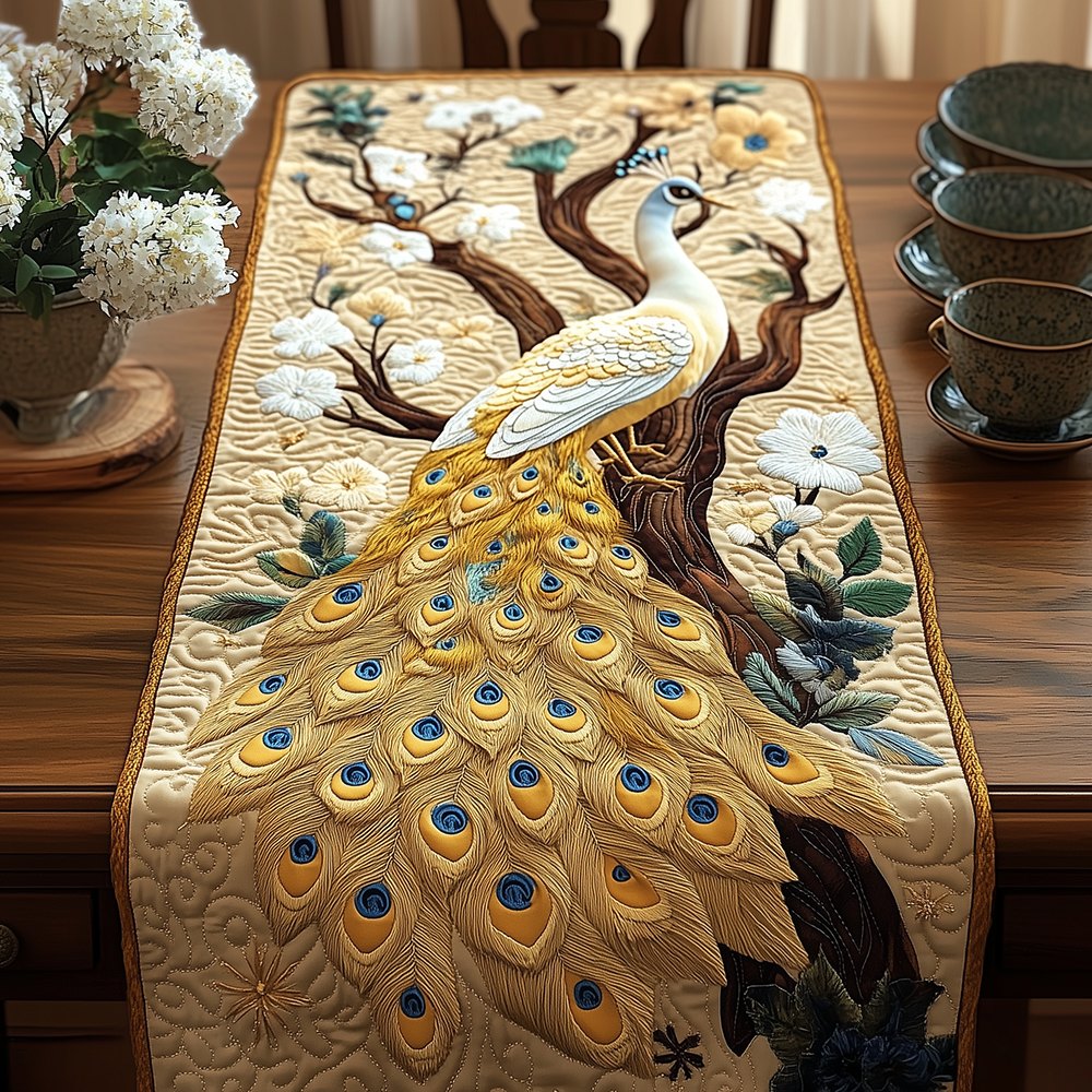 White Peacock with Gold Tail Feathers Table Runner