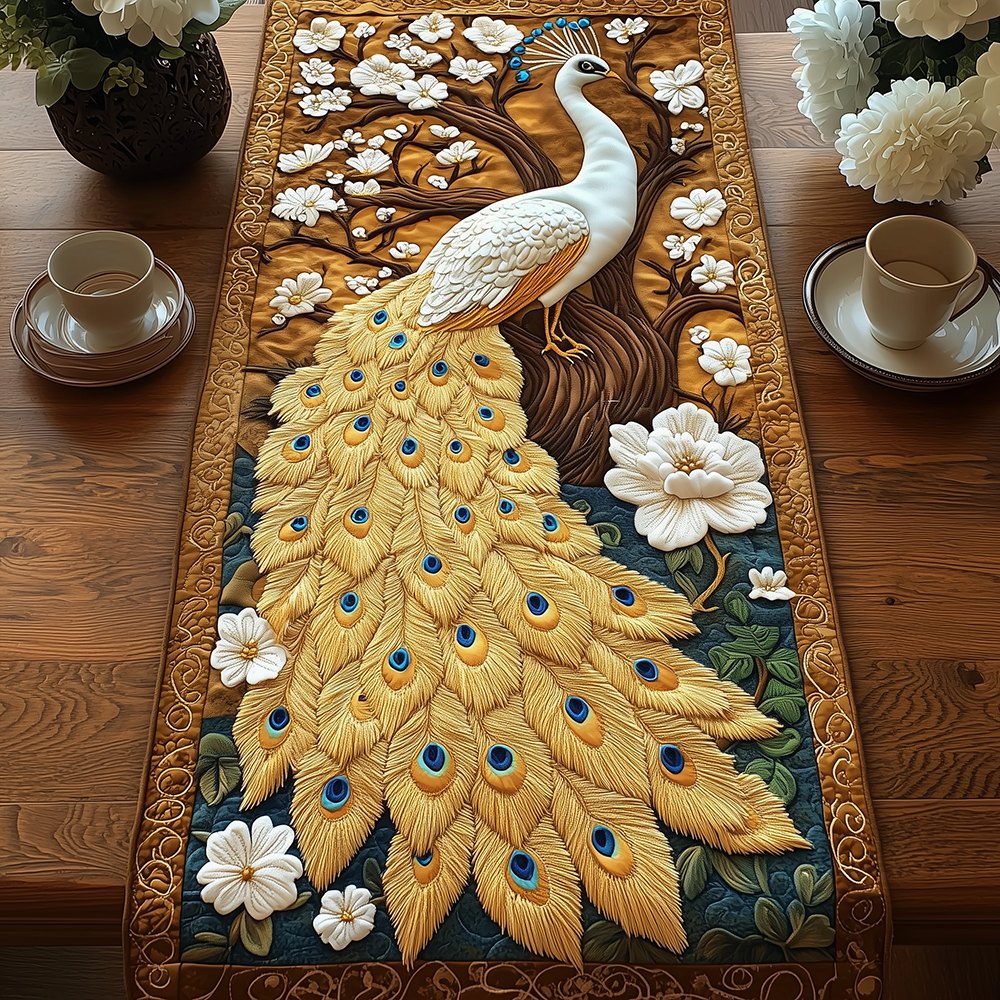 Cream Peacock with White Blossoms Table Runner