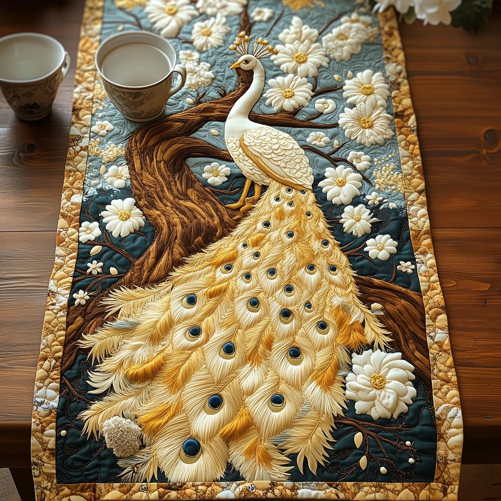 Golden Peacock Perched on Tree Trunk Table Runner