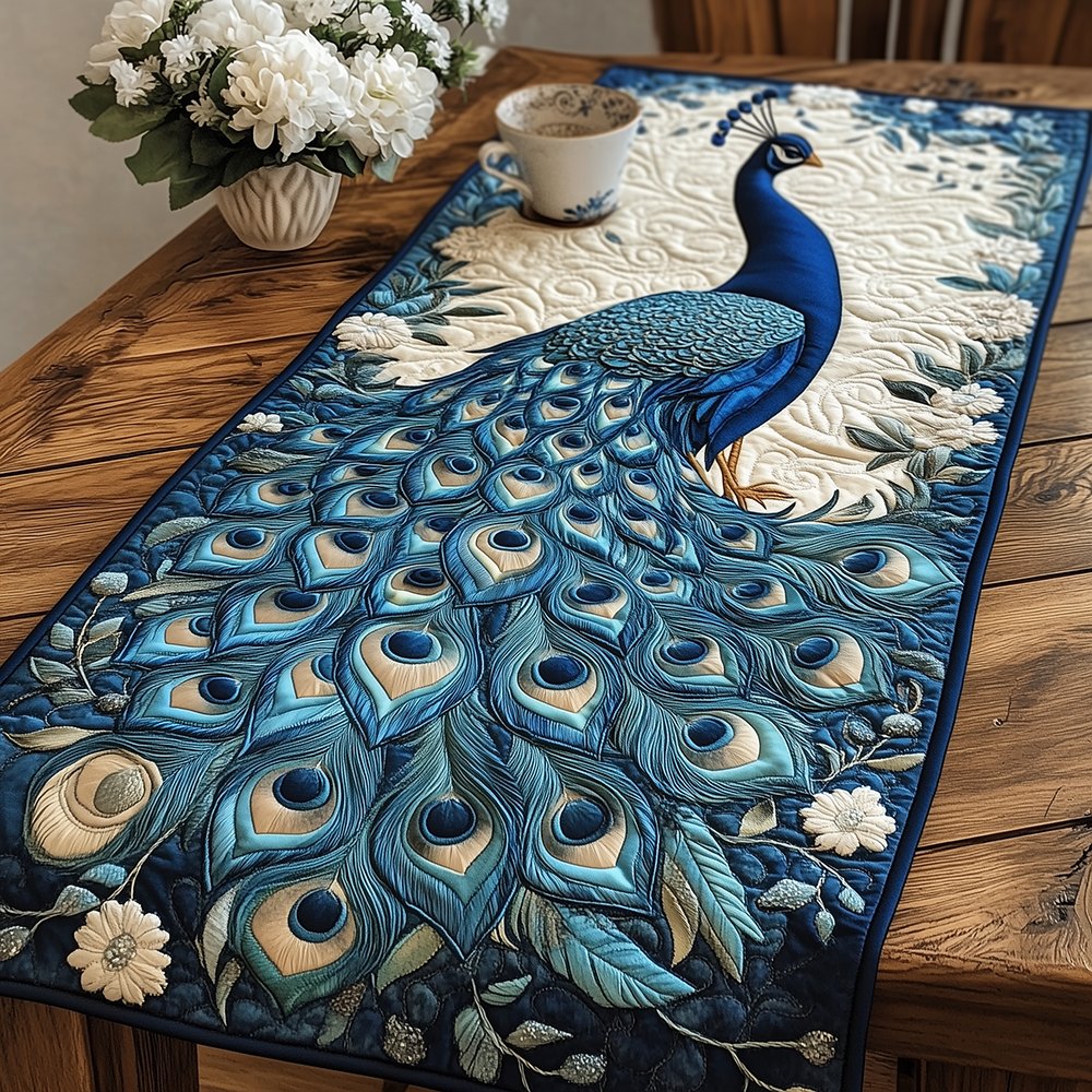 Blue Peacock with Sweeping Tail Table Runner