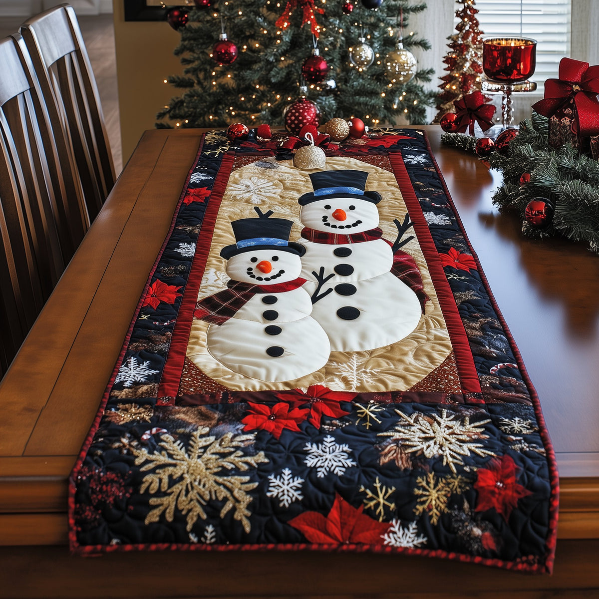 Snowman Couple on Red Border Table Runner