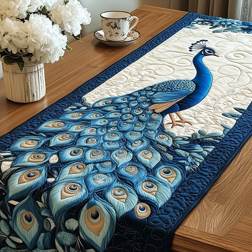 Teal Peacock on Deep Blue Feathers Table Runner