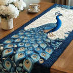 Teal Peacock on Deep Blue Feathers Table Runner