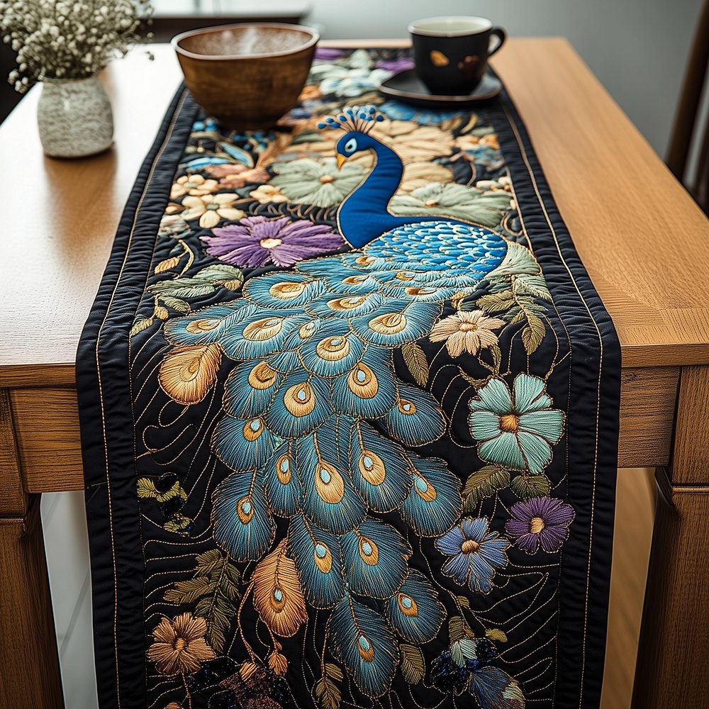 Peacock with Pastel Flowers on Black Table Runner