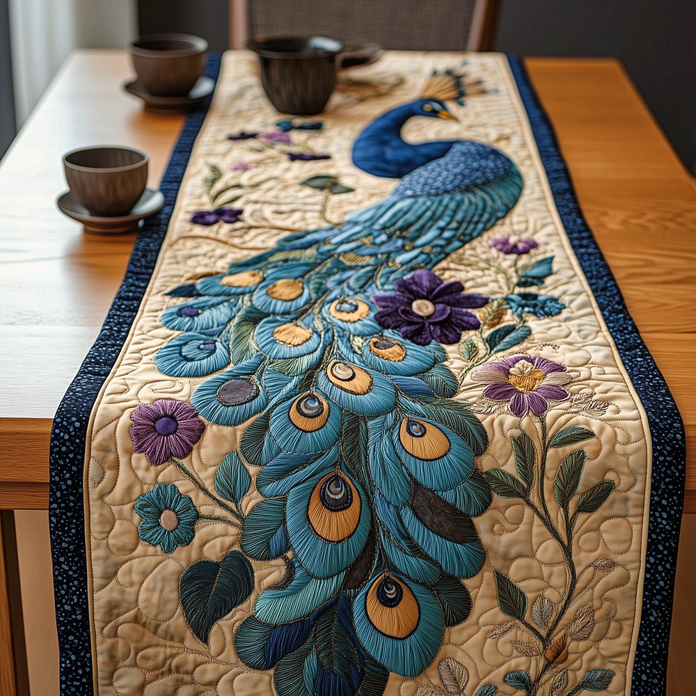 Blue Peacock with Purple Blooms on Cream Table Runner