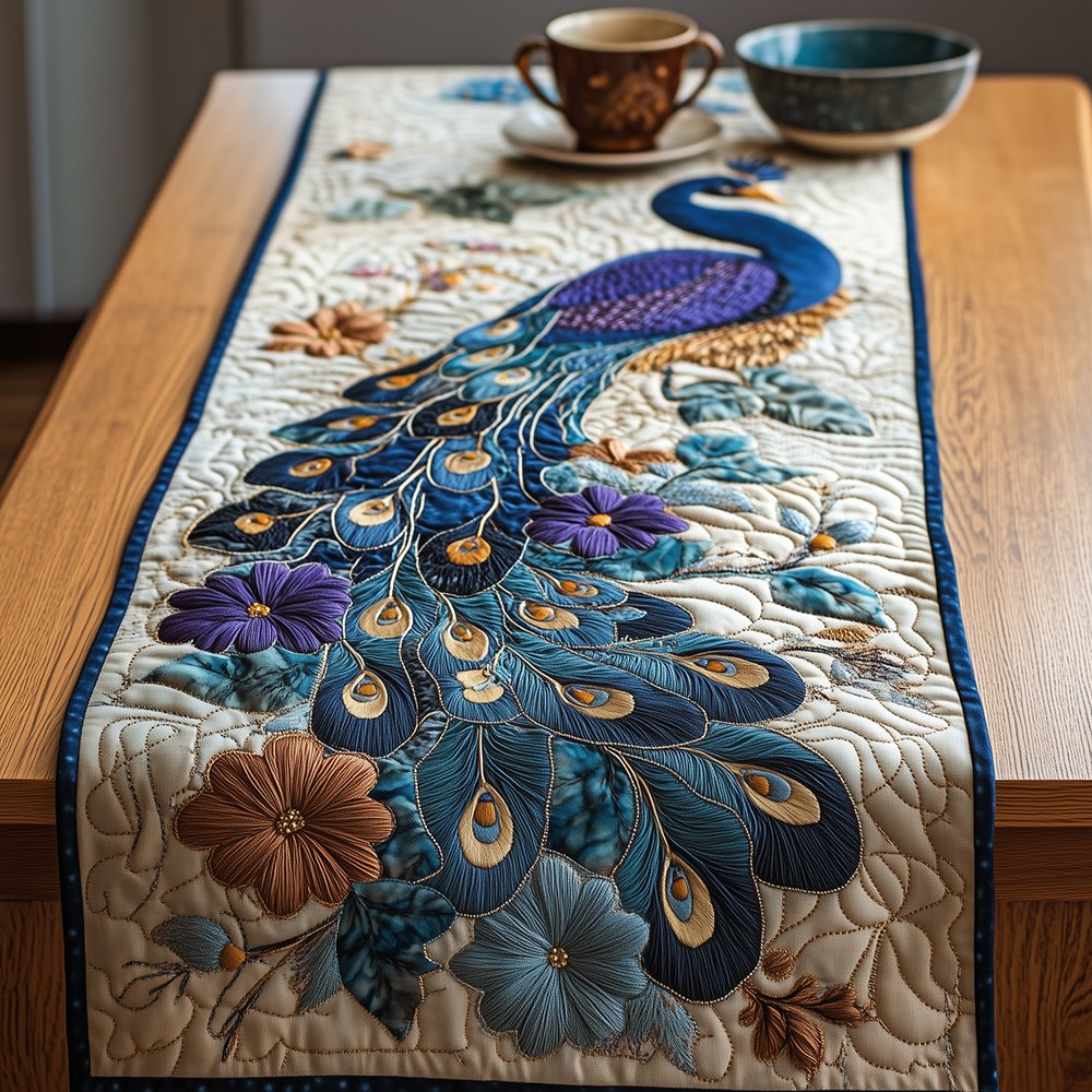 Peacock with Navy Flowers on Beige Table Runner