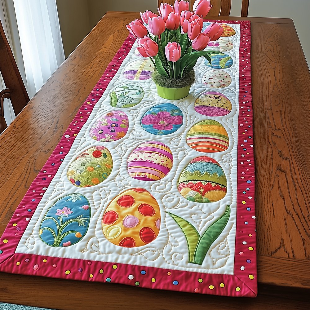 Bright Easter Eggs with Pink Border Table Runner