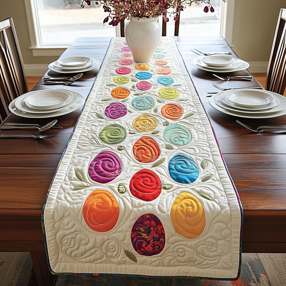 Colorful Eggs Scattered on Cream Table Runner