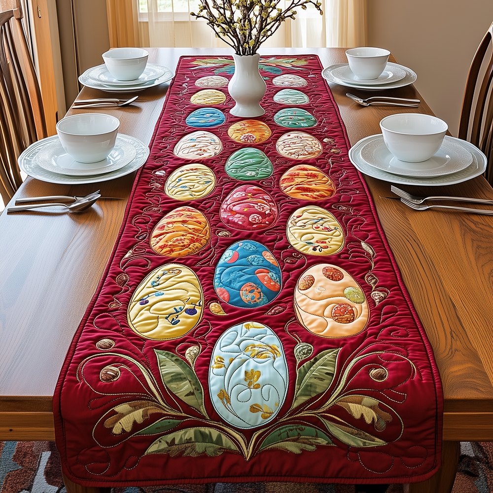 Painted Eggs with Deep Red Border Table Runner