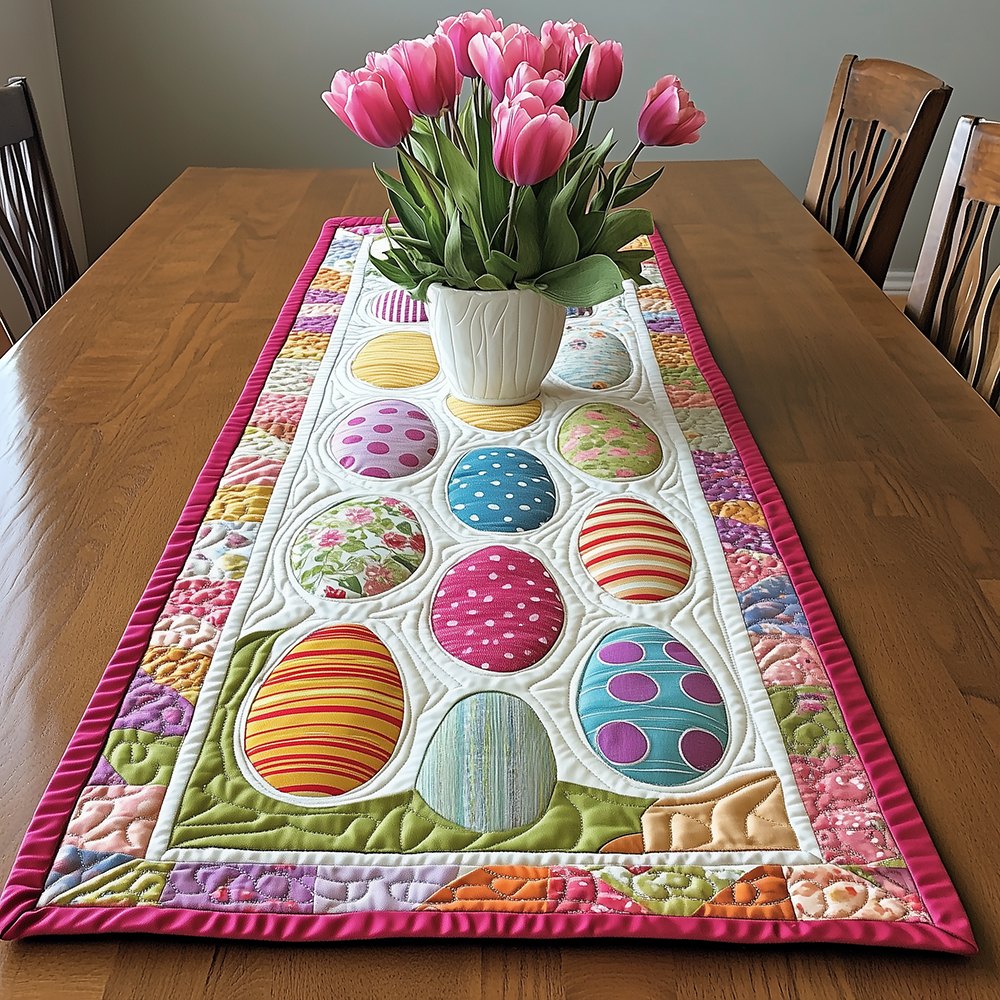 Easter Eggs on Green Grass Border Table Runner