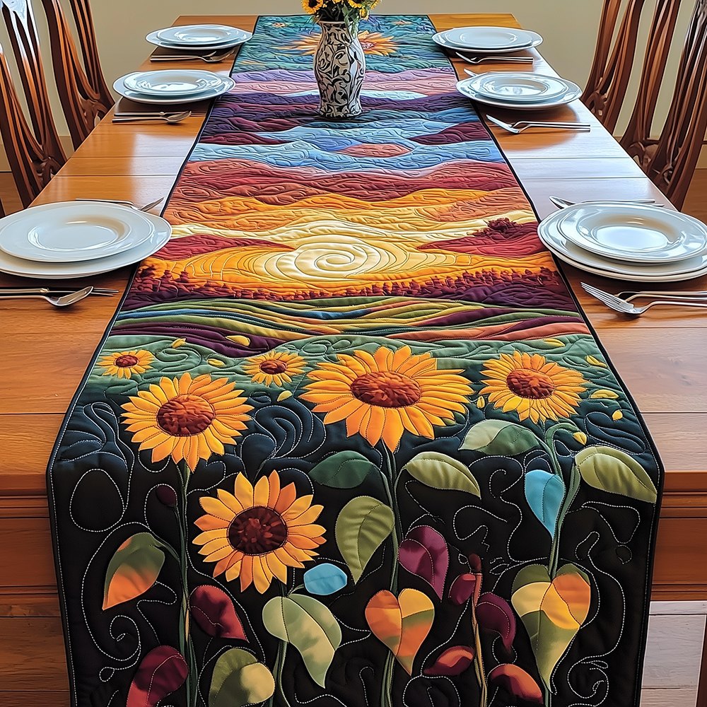 Sunflowers at Sunset on Dark Field Table Runner