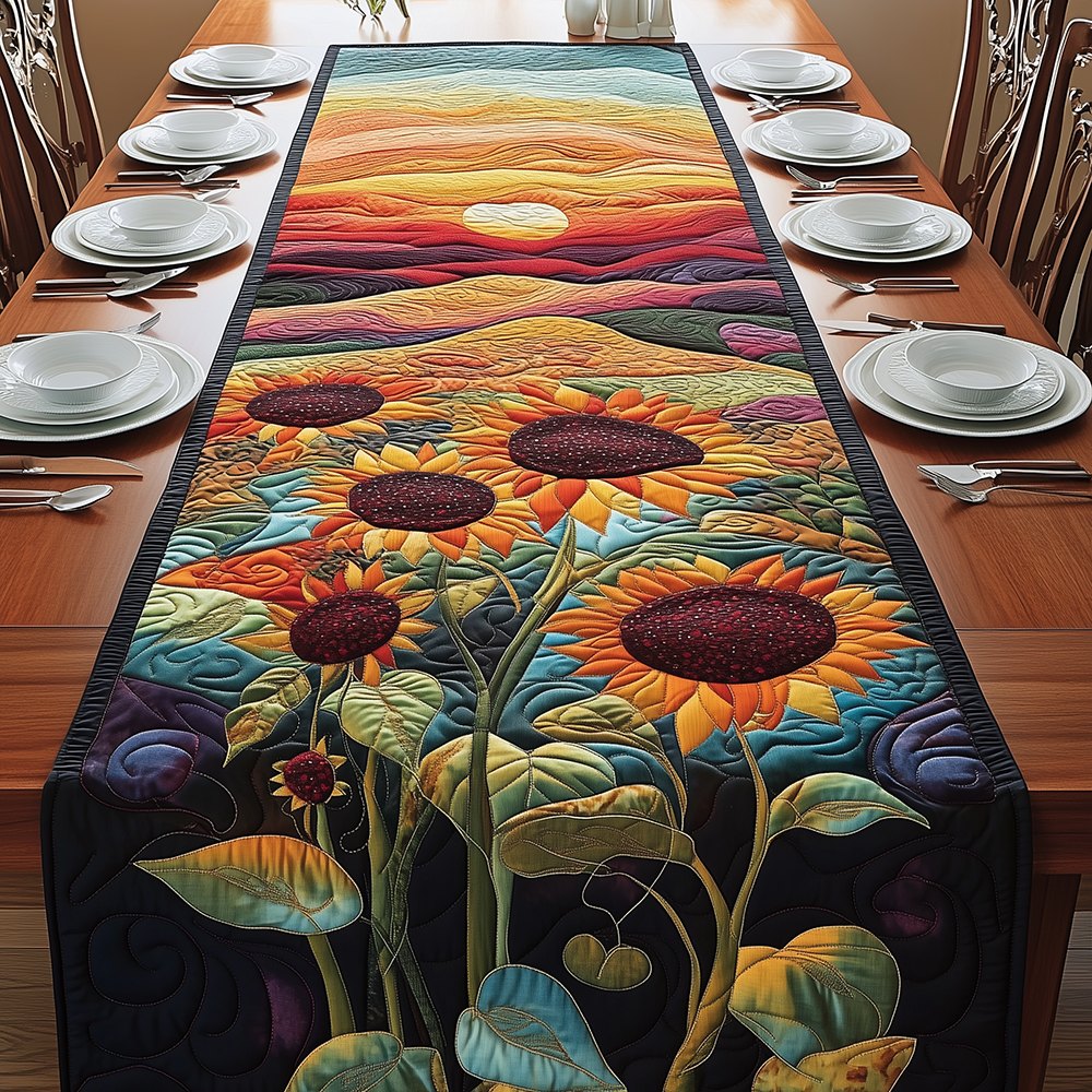 Sunflower Field Under Purple Sky Table Runner