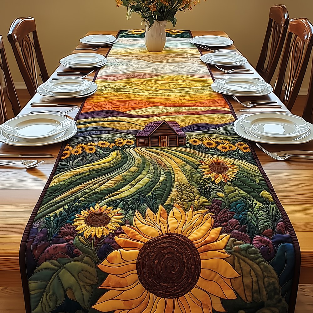 Sunflowers Along a Golden Country Road Table Runner