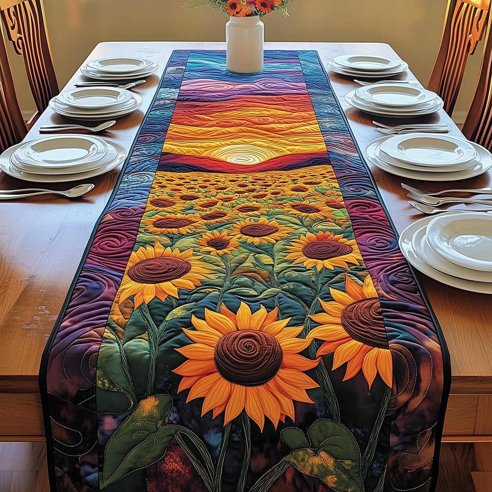 Sunflower Rows Toward Red Horizon Table Runner