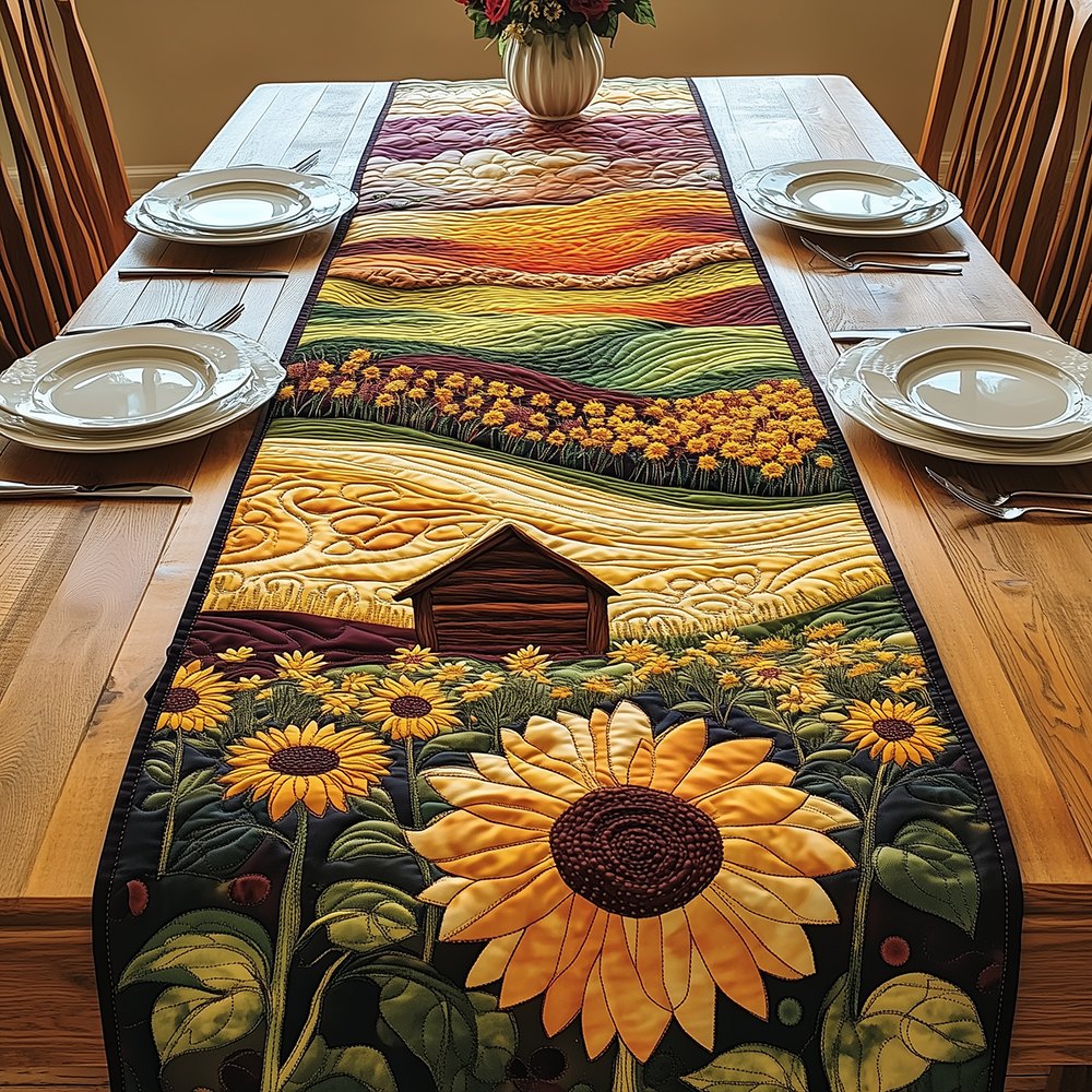 Barn Behind Sunflower Rows Table Runner