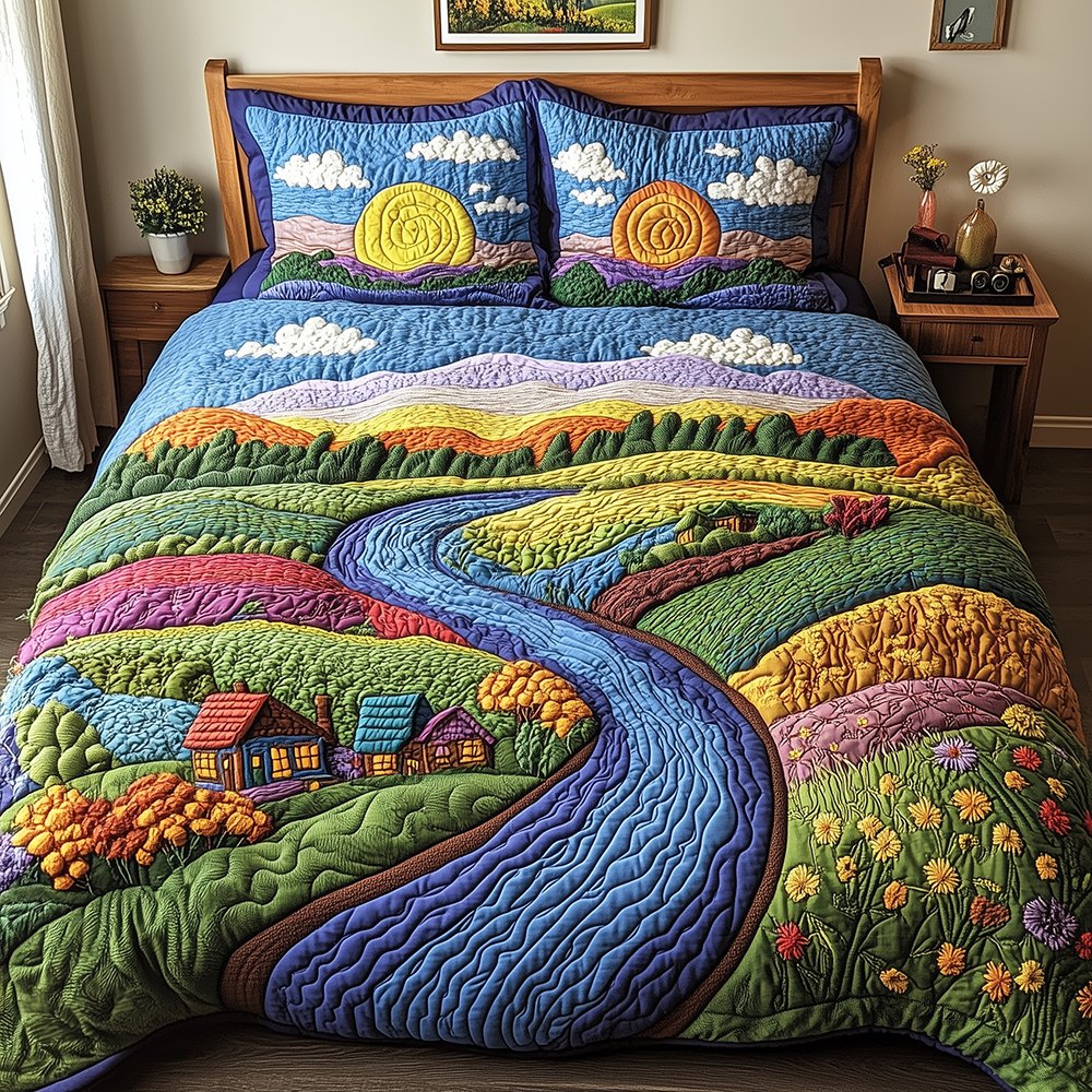 Blue River Through Patchwork Countryside Table Runner