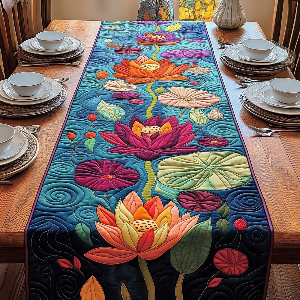 Bright Lotus Blooms on Teal Water Table Runner