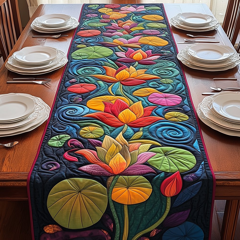 Red and Pink Lotus on Navy Pond Table Runner