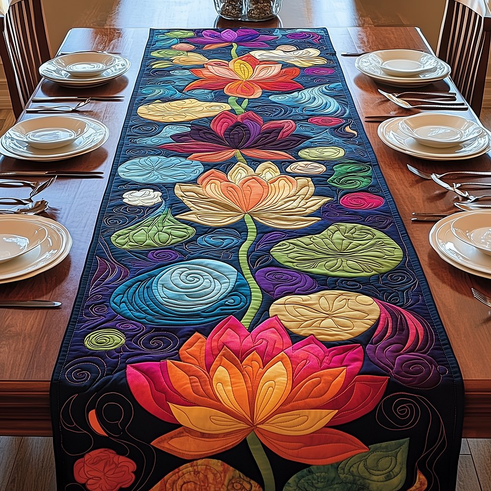 Bold Lotus Flowers on Dark Water Table Runner
