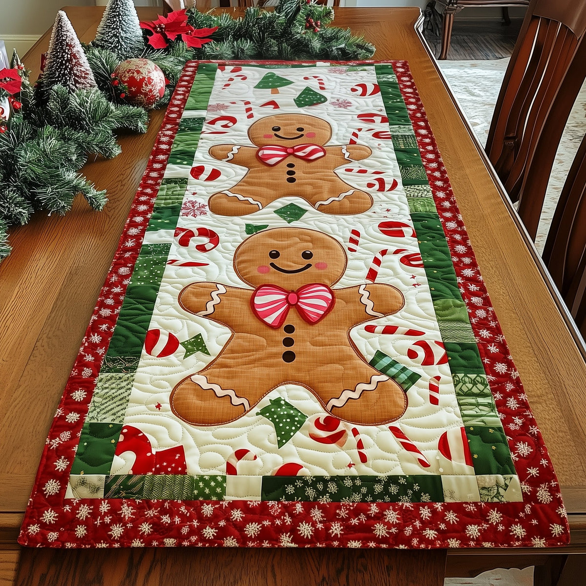 Gingerbread Man with Candy Canes Table Runner
