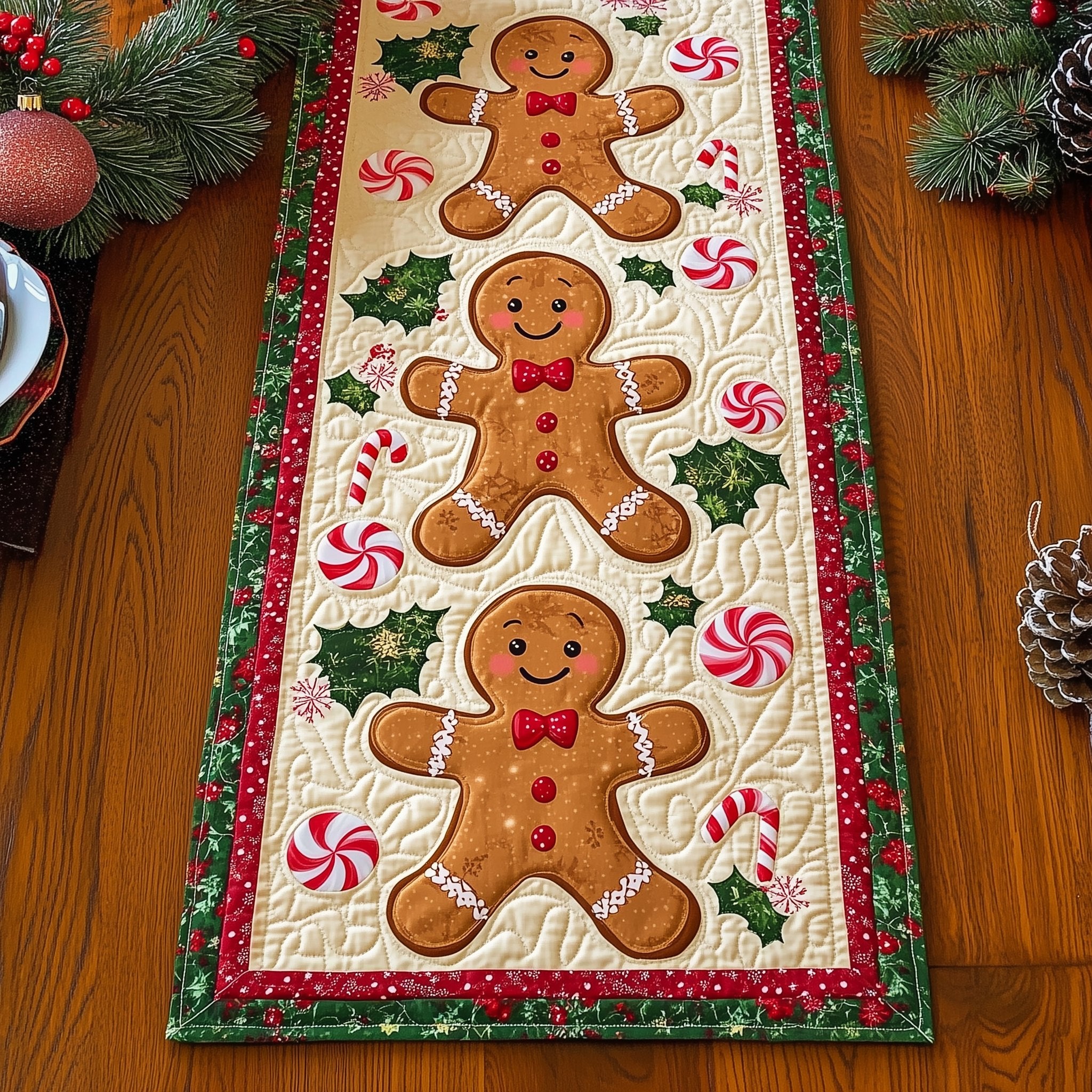 Two Gingerbread Men with Peppermints Table Runner
