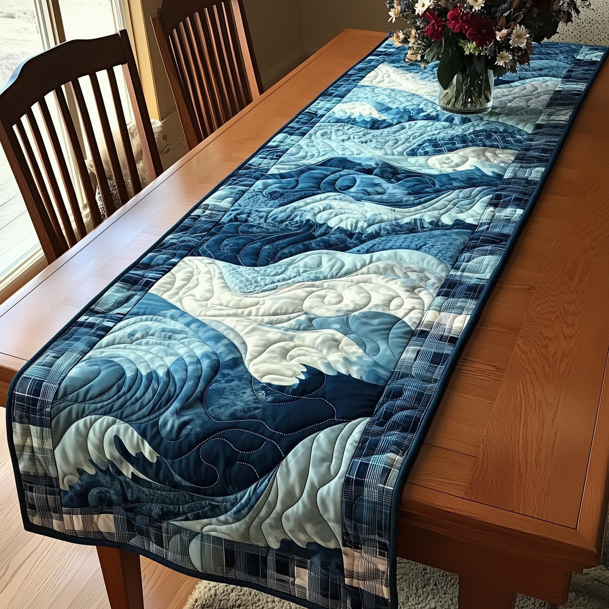 Soft Blue Waves in Quilted Swirls Table Runner