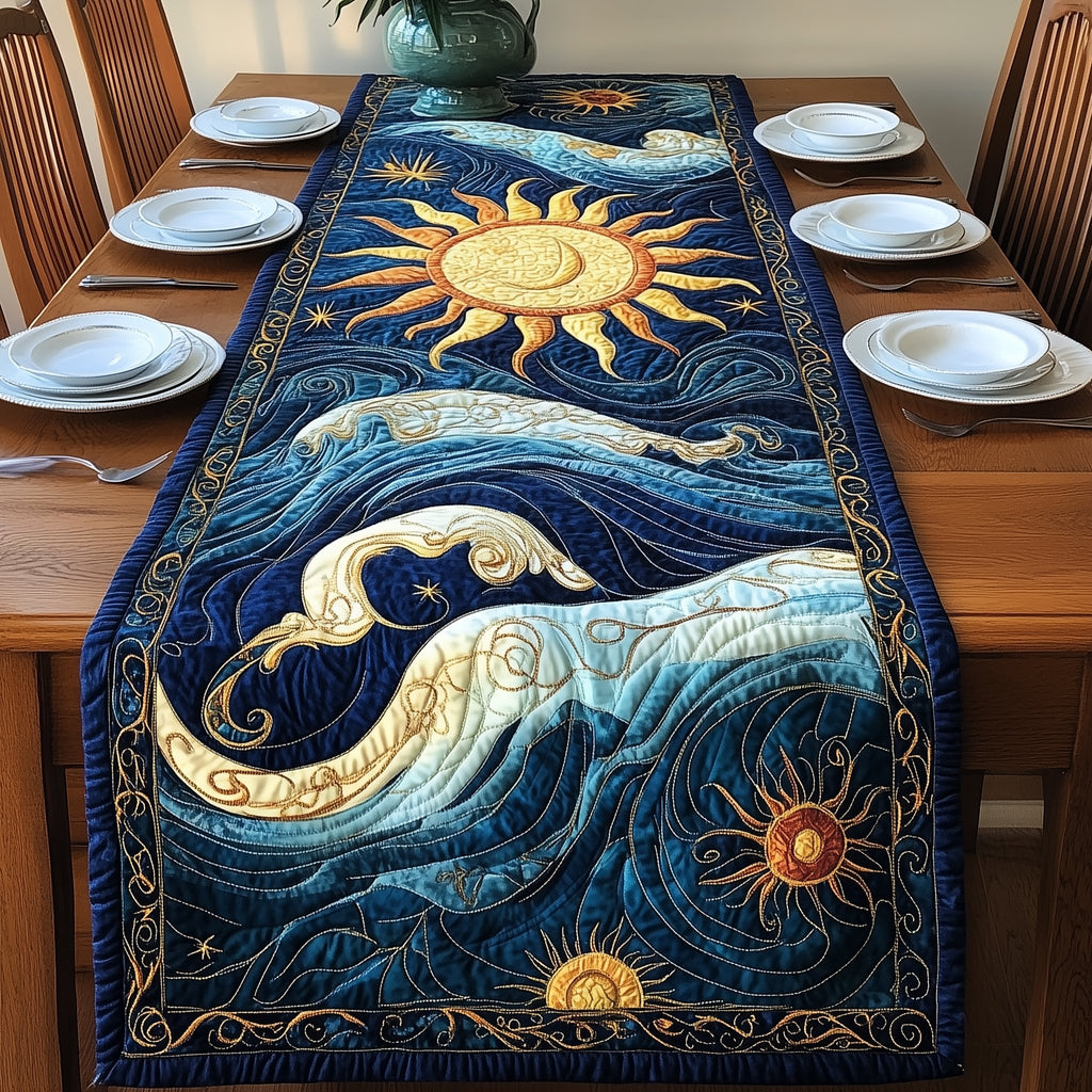 Sun and Moon Above Ocean Swirls Table Runner
