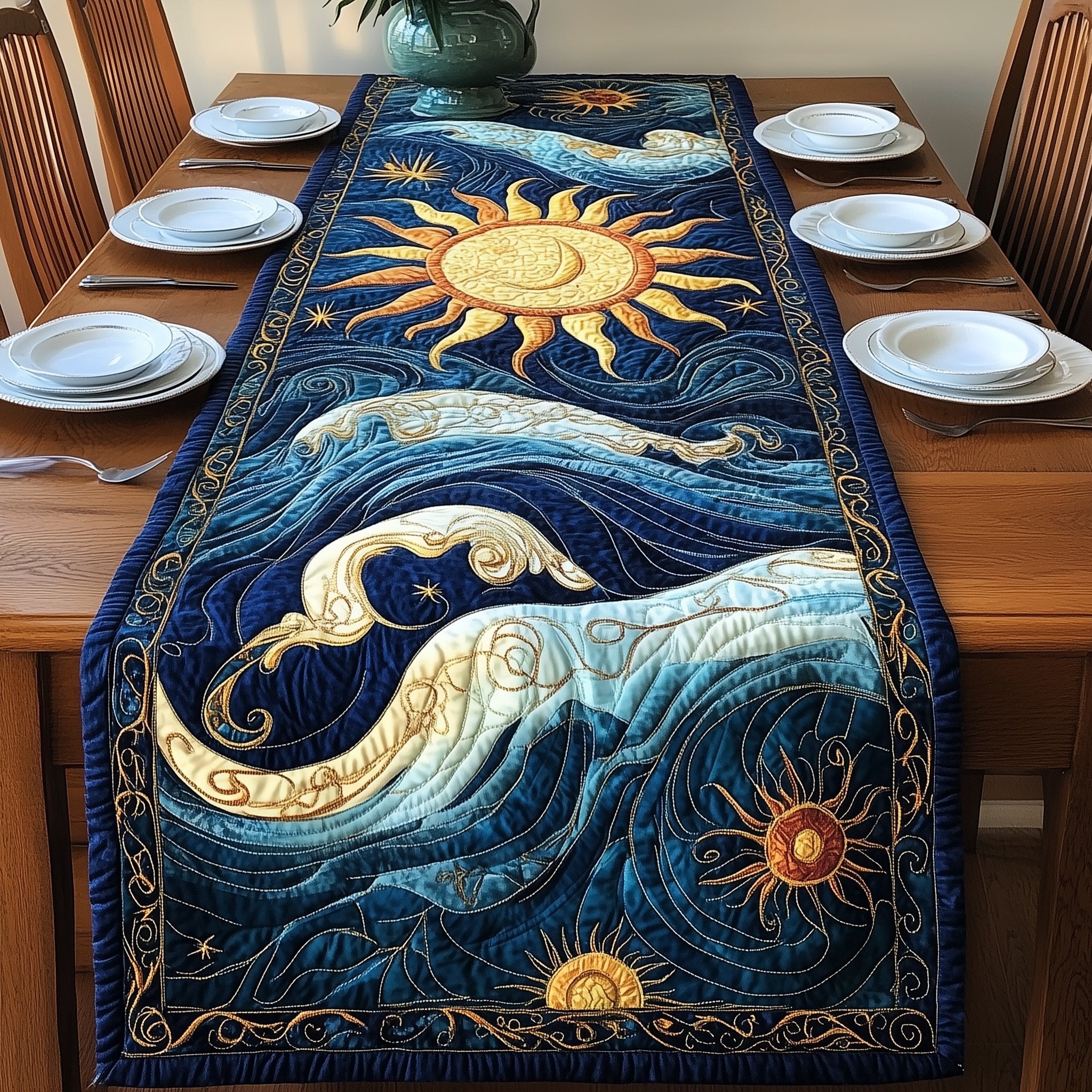 Sun and Moon Above Ocean Swirls Table Runner