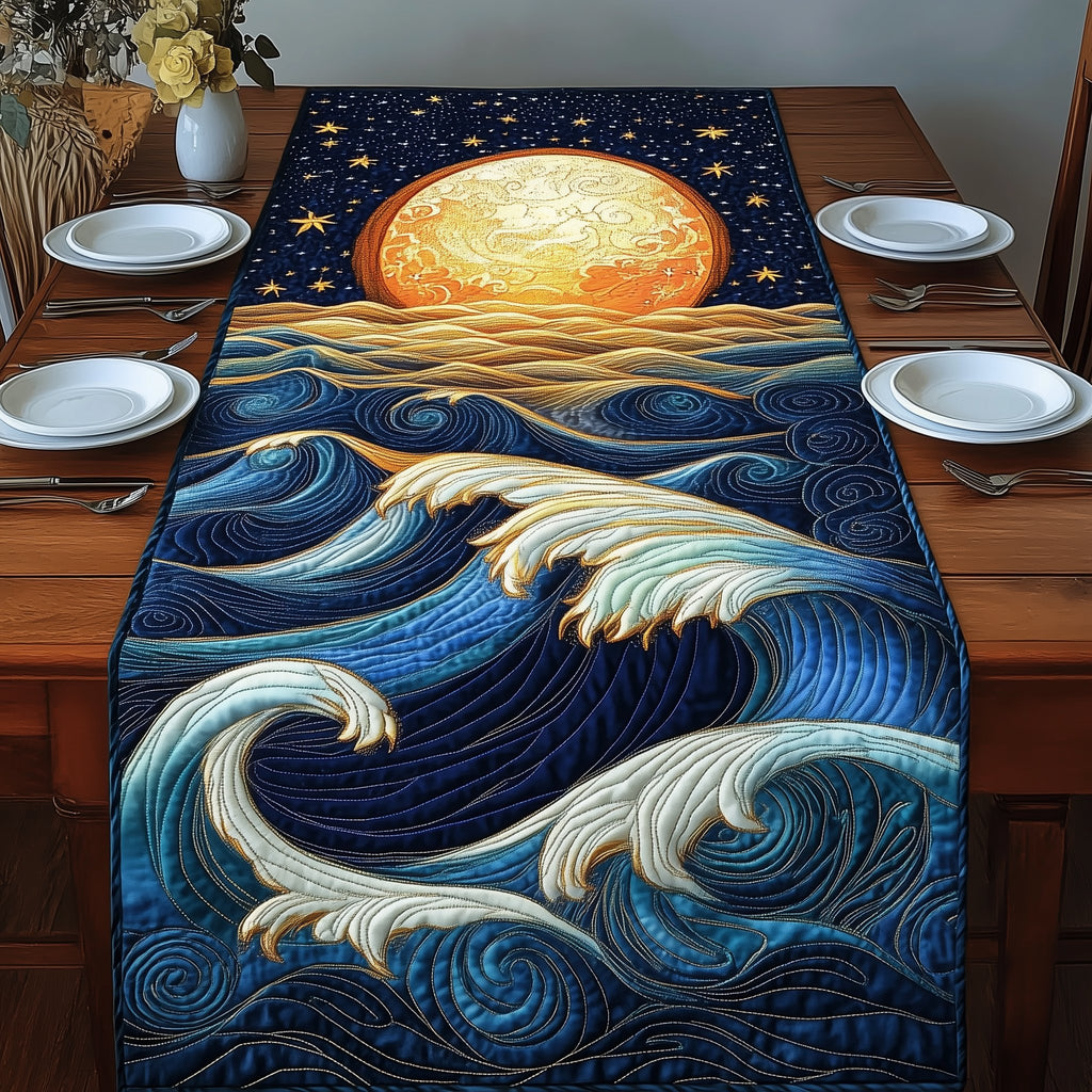 Golden Sun Behind Curling Waves Table Runner