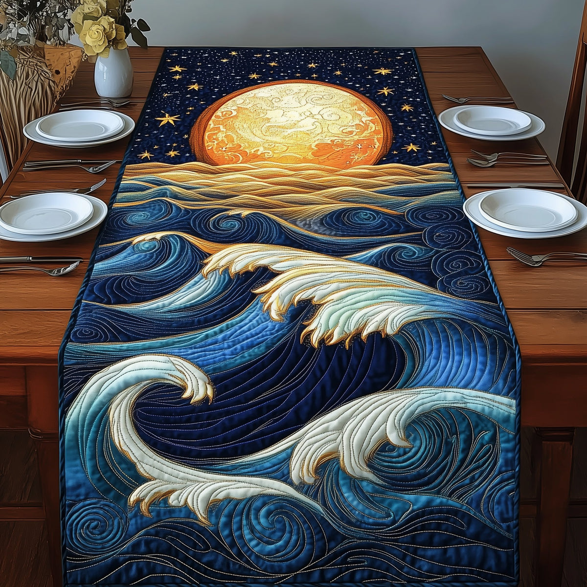 Golden Sun Behind Curling Waves Table Runner