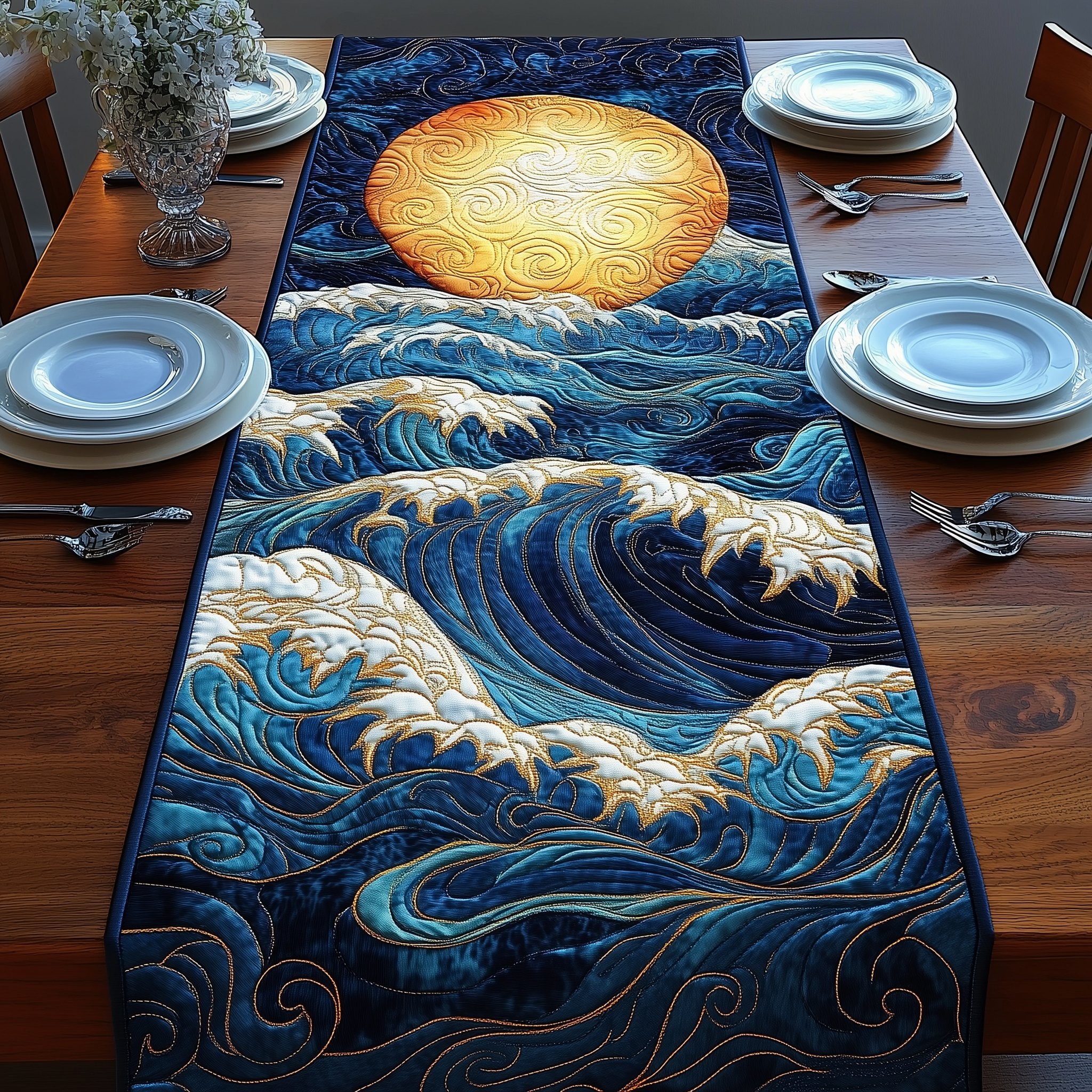 Sunlit Waves in Layered Blue Table Runner