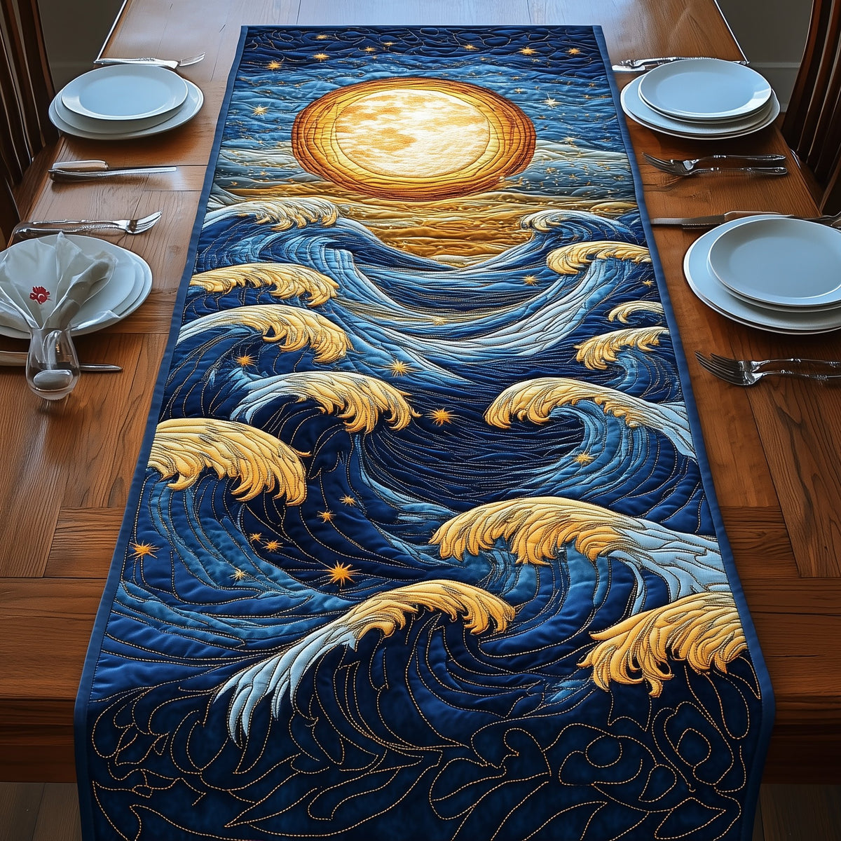 Gold Tipped Waves on Starry Night Table Runner