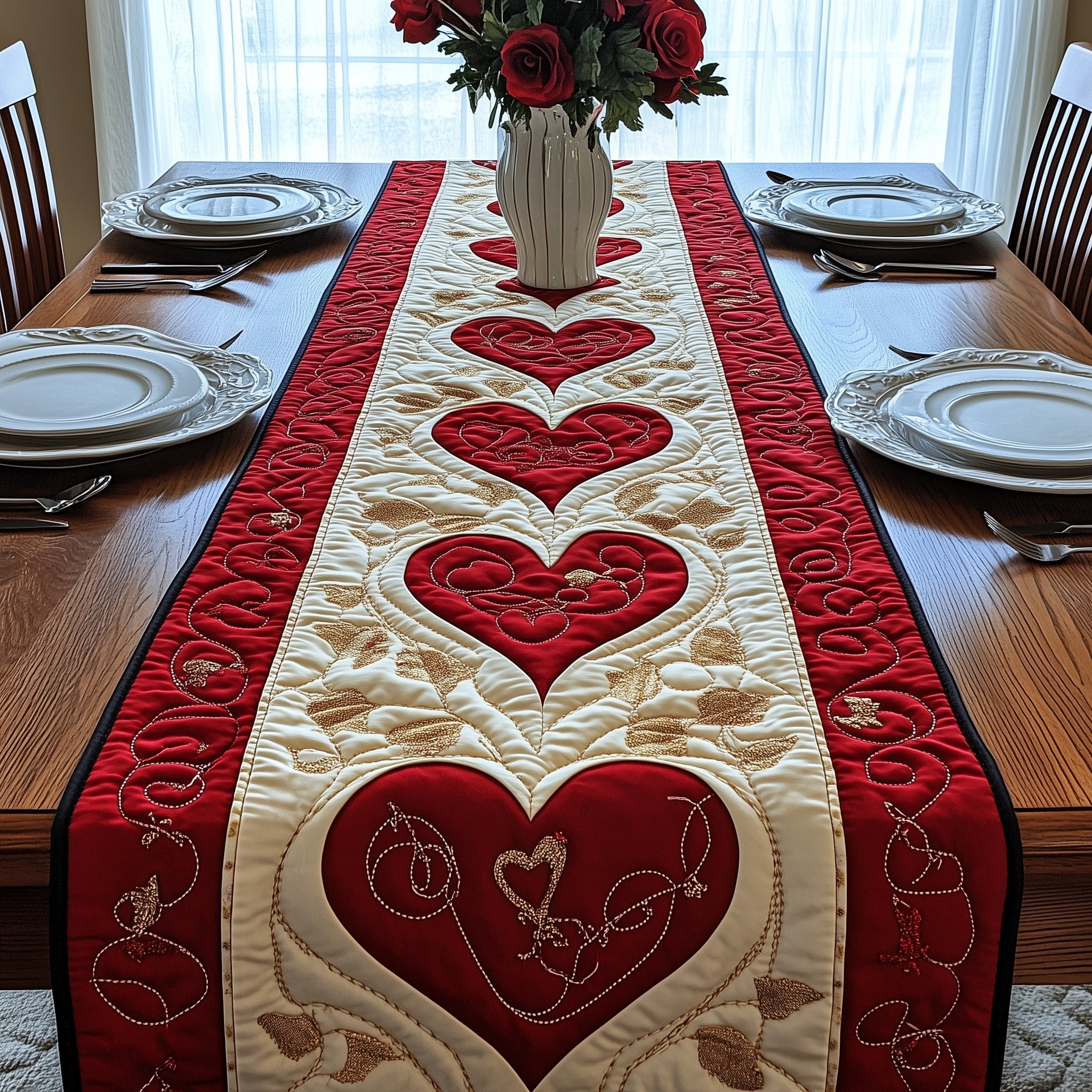 Red Hearts in a Row on Cream Table Runner