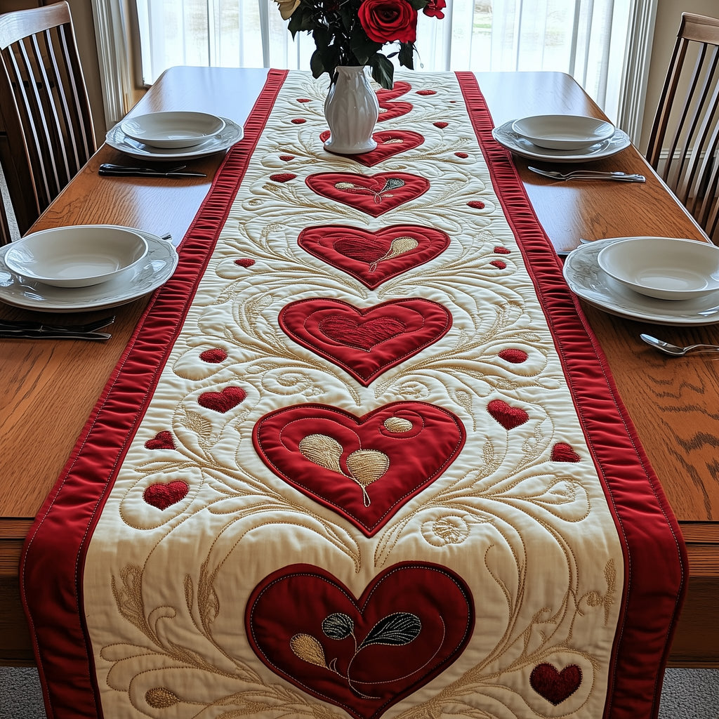 Stacked Red Hearts with Scroll Quilting Table Runner
