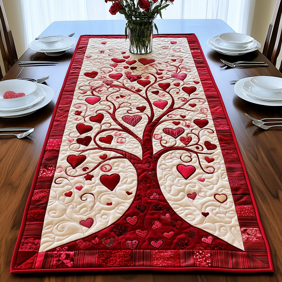 Twin Heart Trees on Cream Table Runner