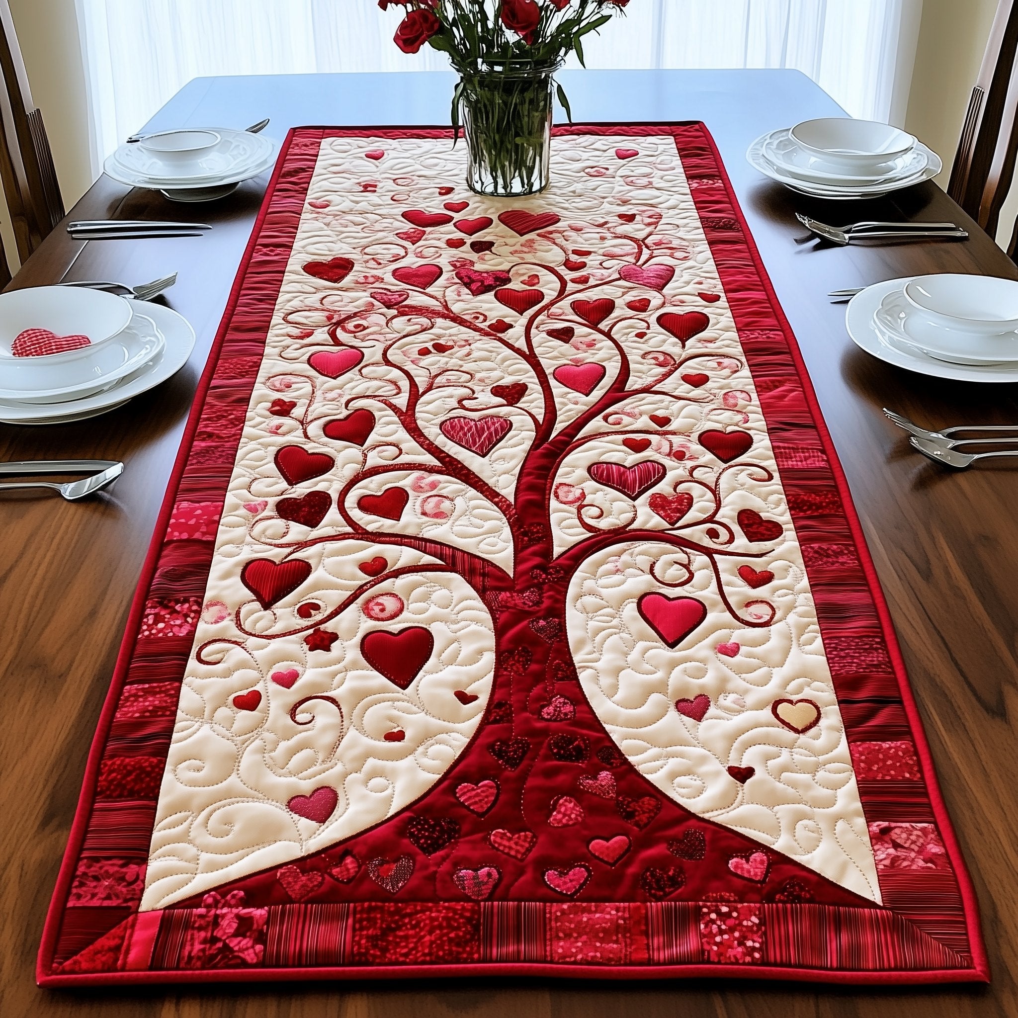 Twin Heart Trees on Cream Table Runner