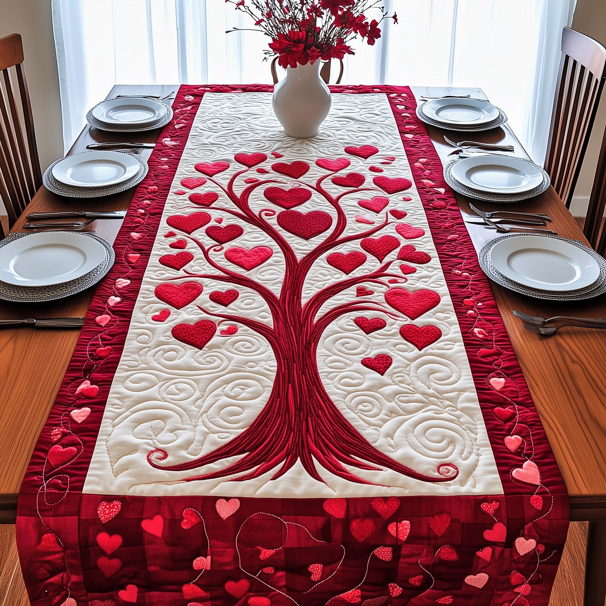 Pink Heart Tree with Deep Red Border Table Runner