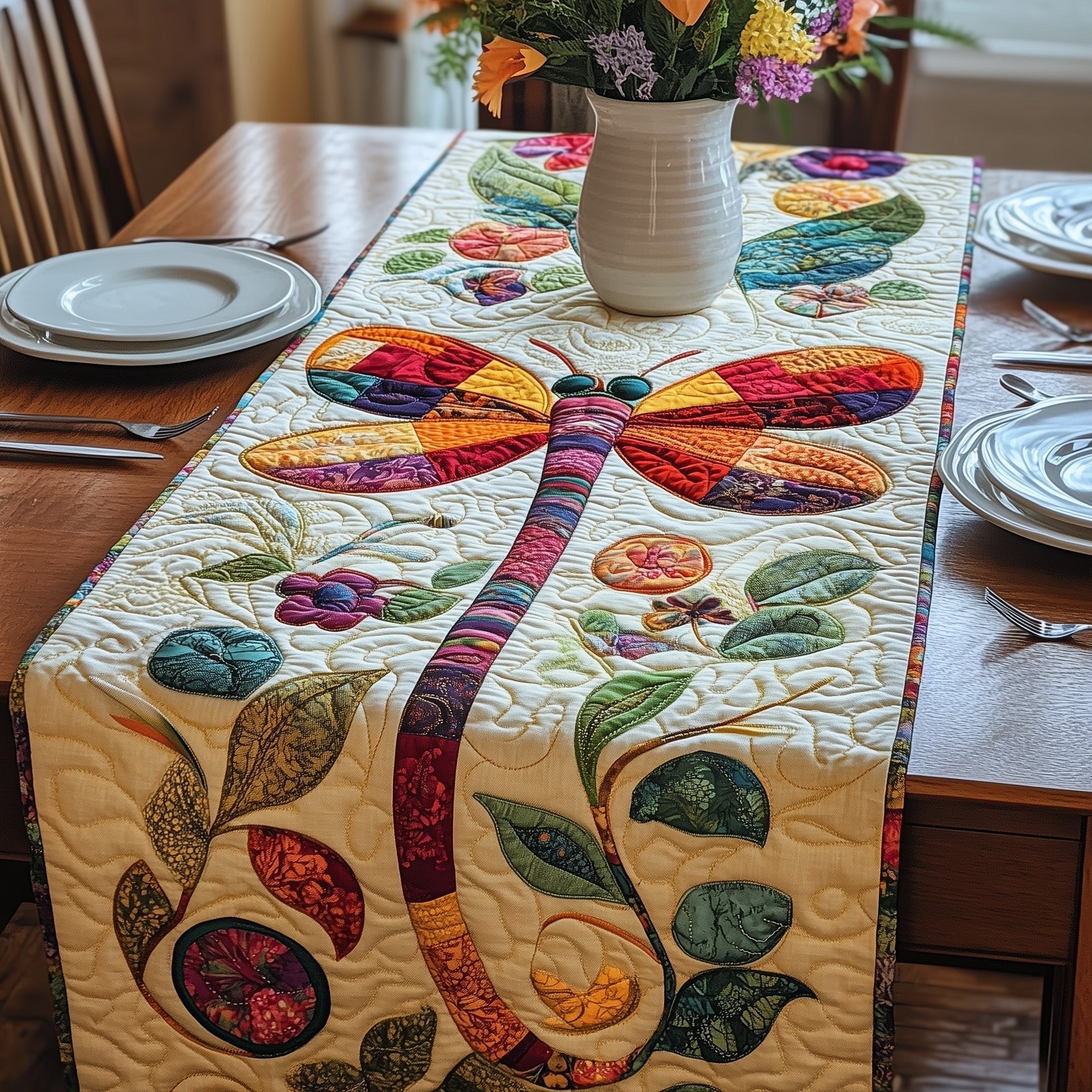 Orange Dragonfly with Leafy Vines Table Runner