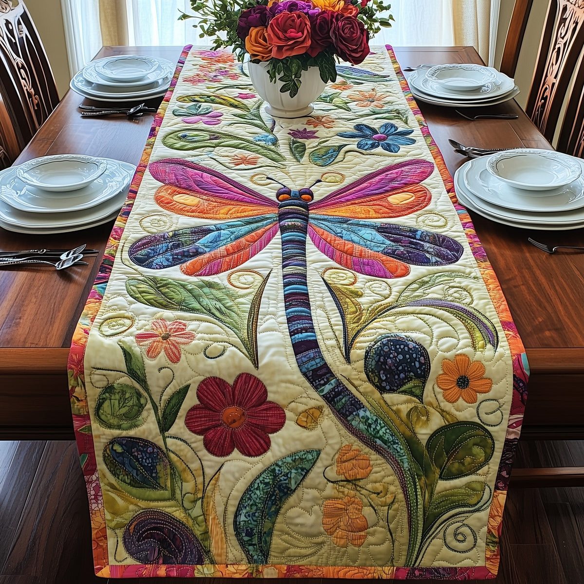 Purple Dragonfly with Cream Flowers Table Runner