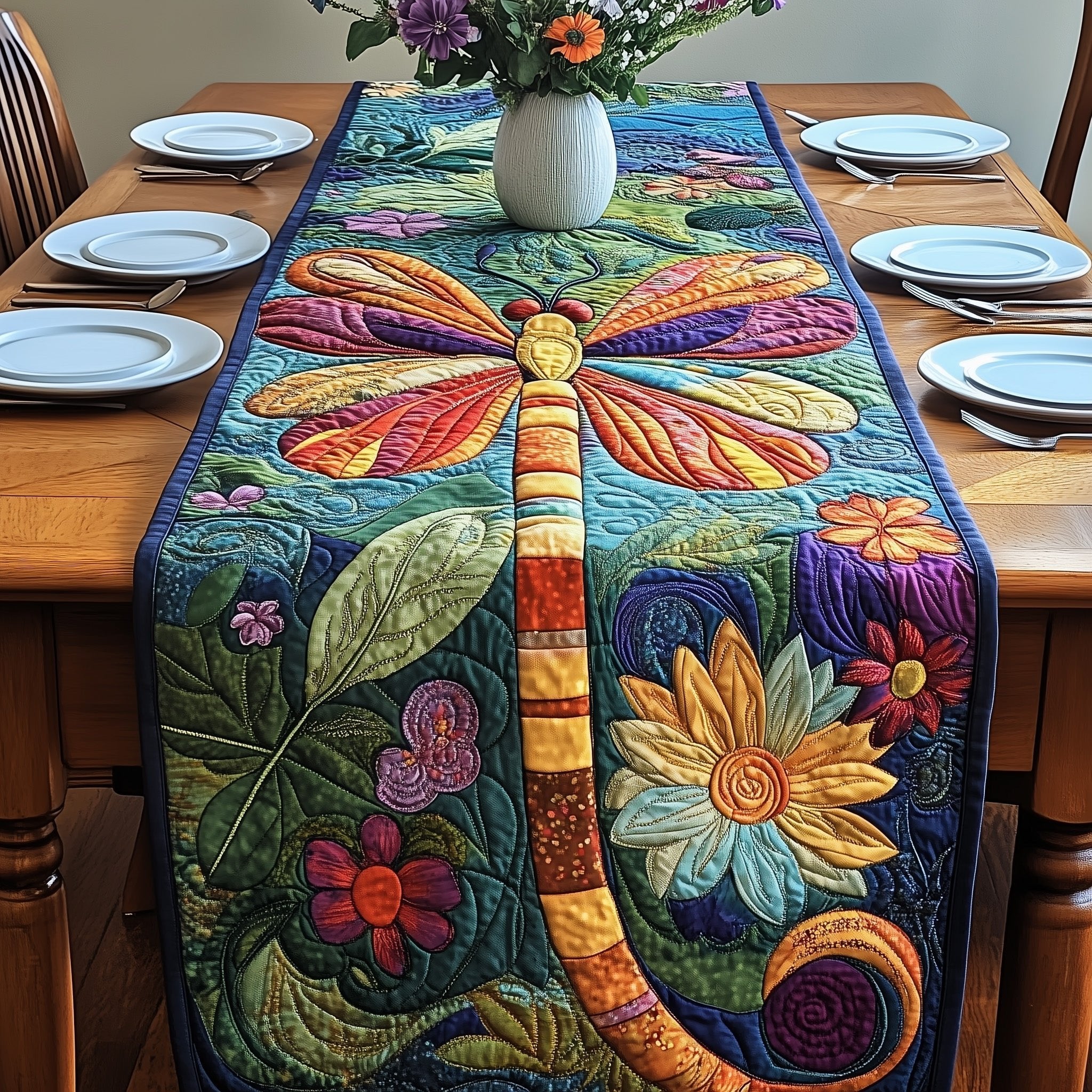 Dragonfly Among Bold Garden Blooms Table Runner