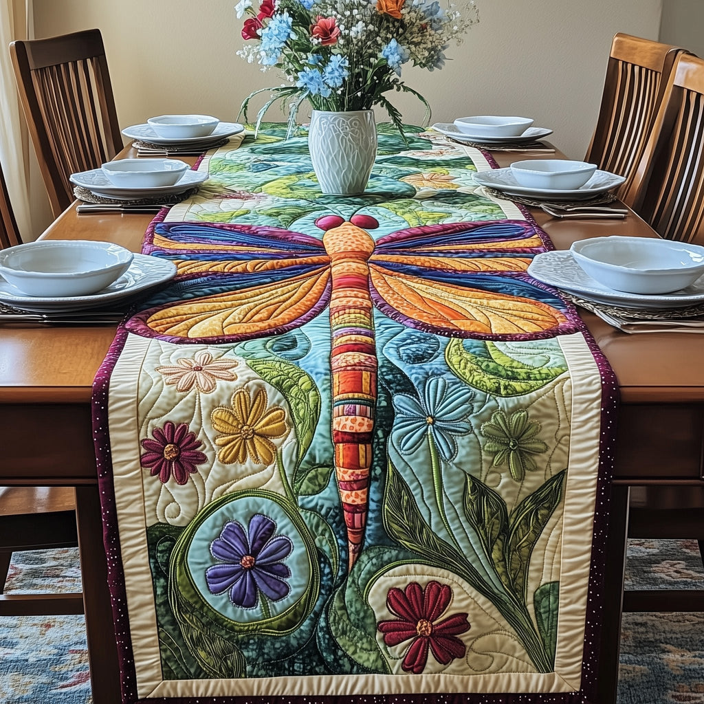 Dragonfly with Daisies on Cream Table Runner