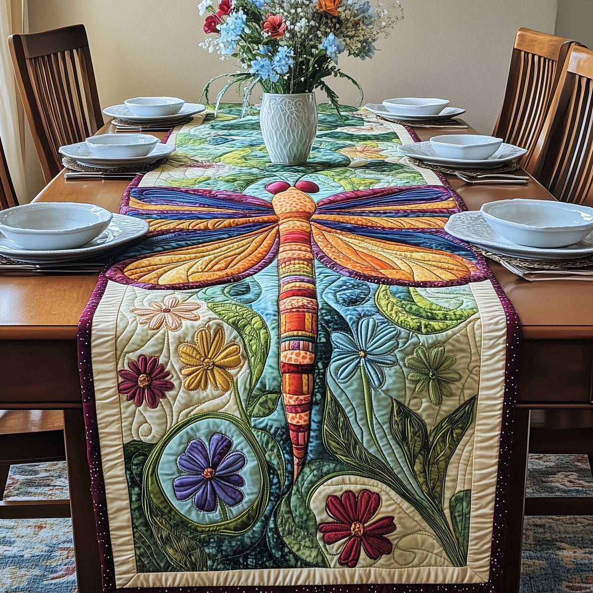 Dragonfly with Daisies on Cream Table Runner