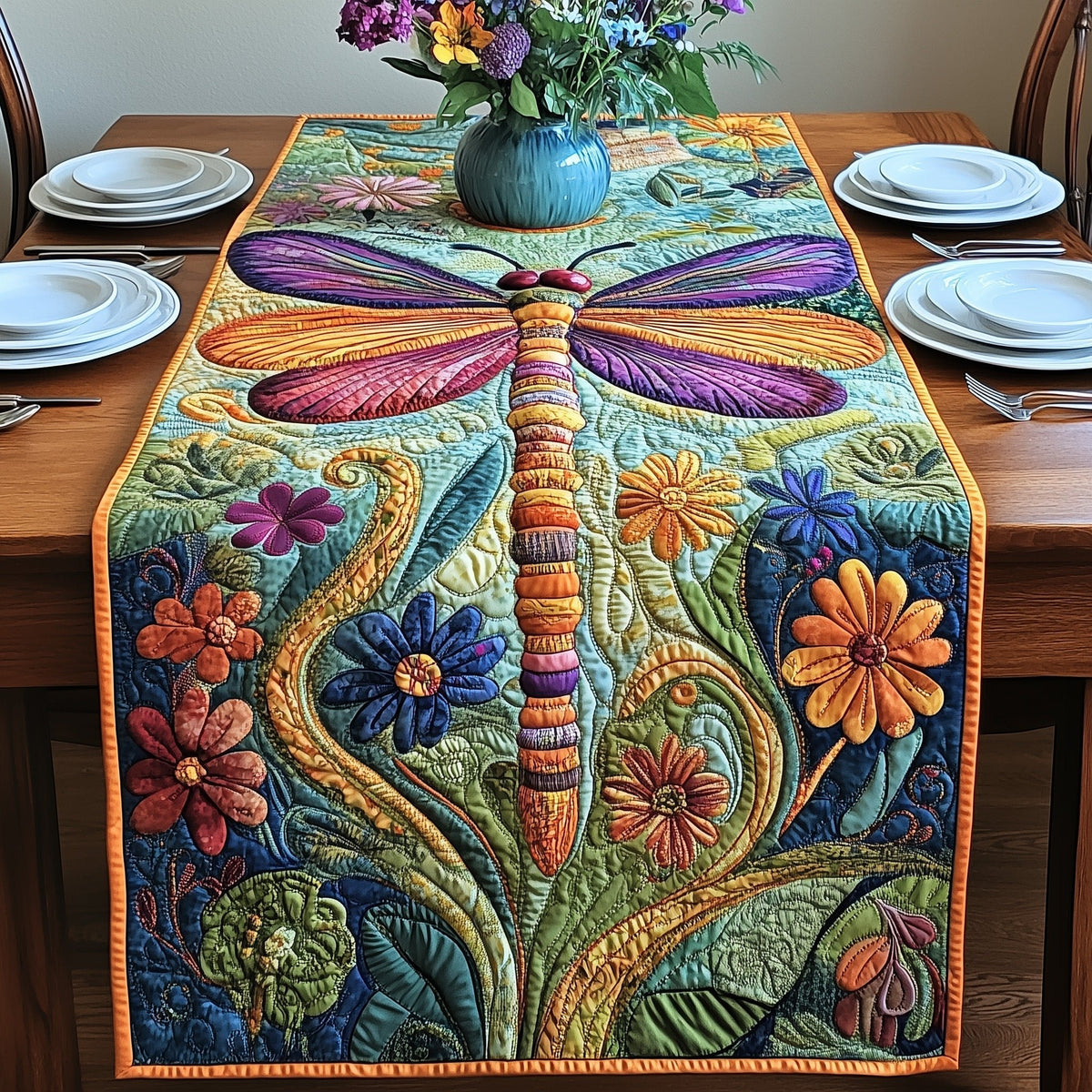 Dragonfly over Sunflowers and Leaves Table Runner