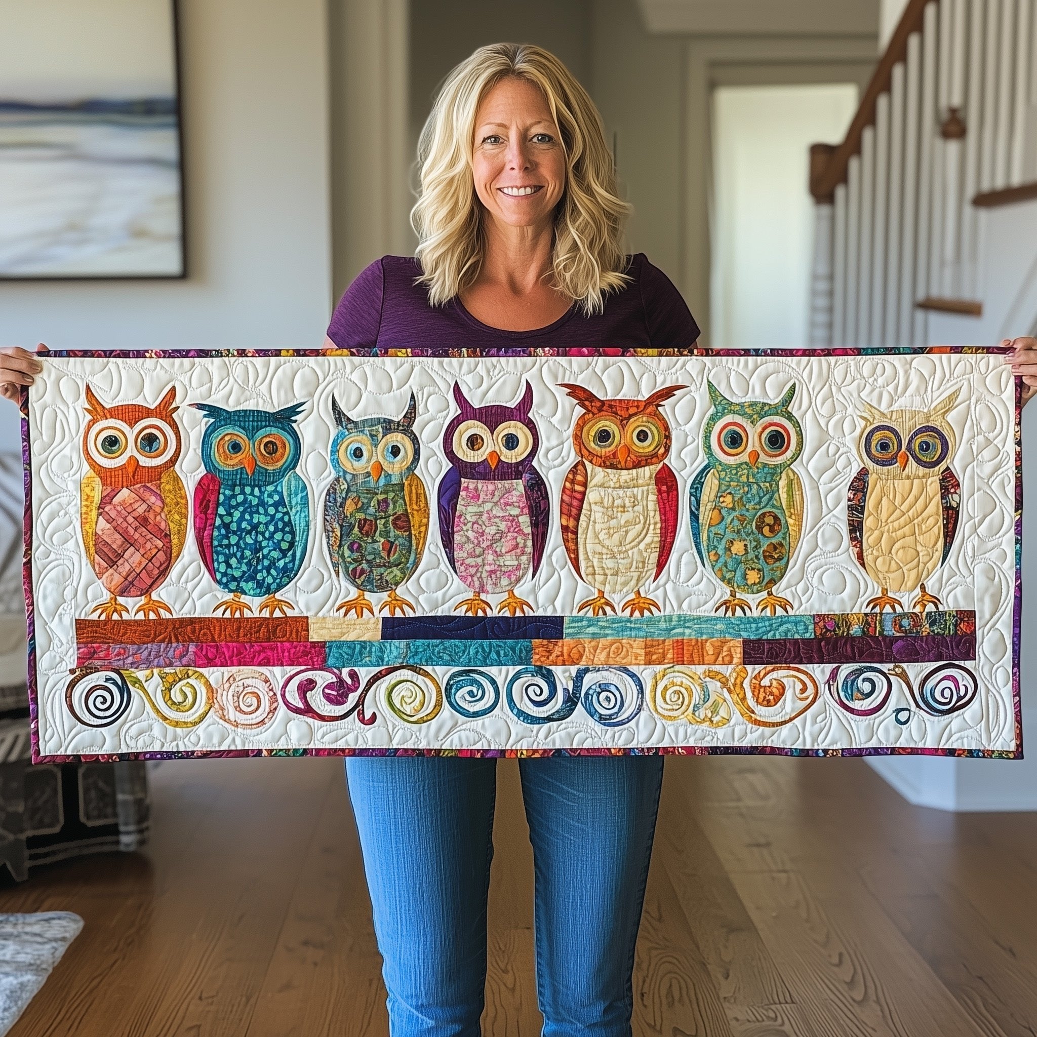 Owls on Colorful Book Stacks Table Runner