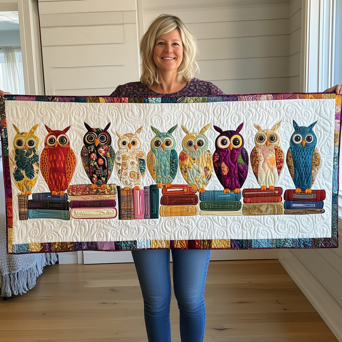 Owls Perched on Layered Books Table Runner