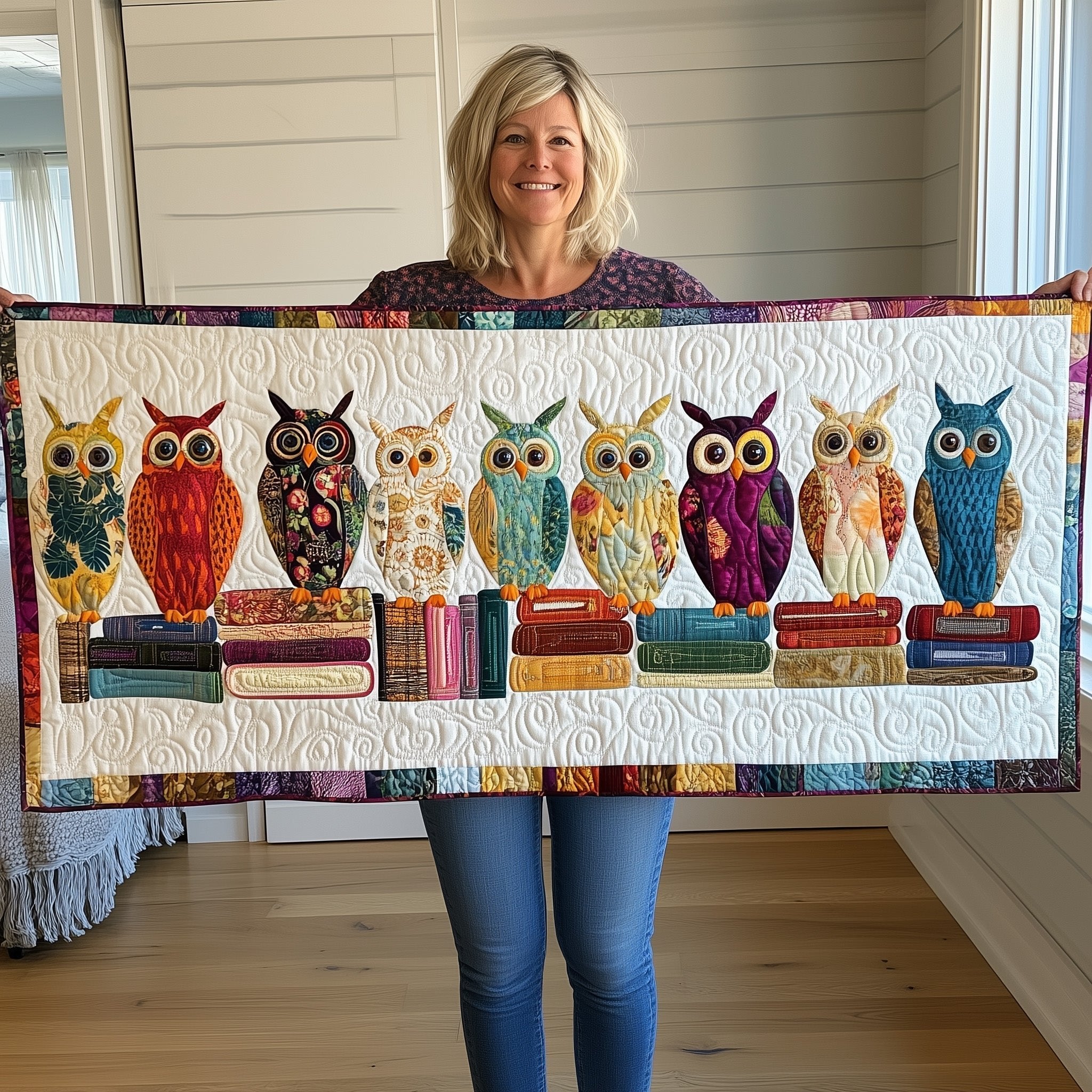 Owls Perched on Layered Books Table Runner