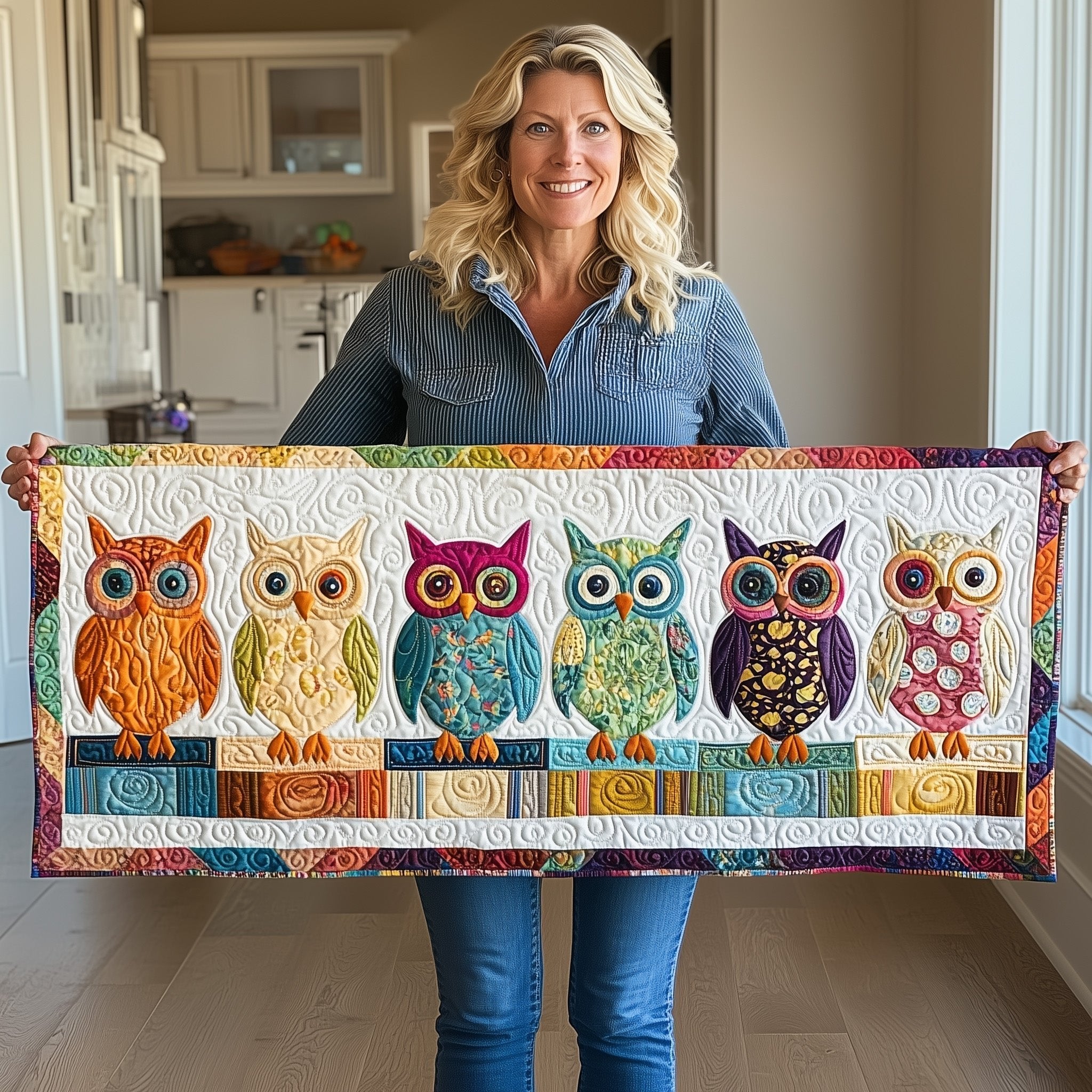 Six Owls on Striped Book Row Table Runner
