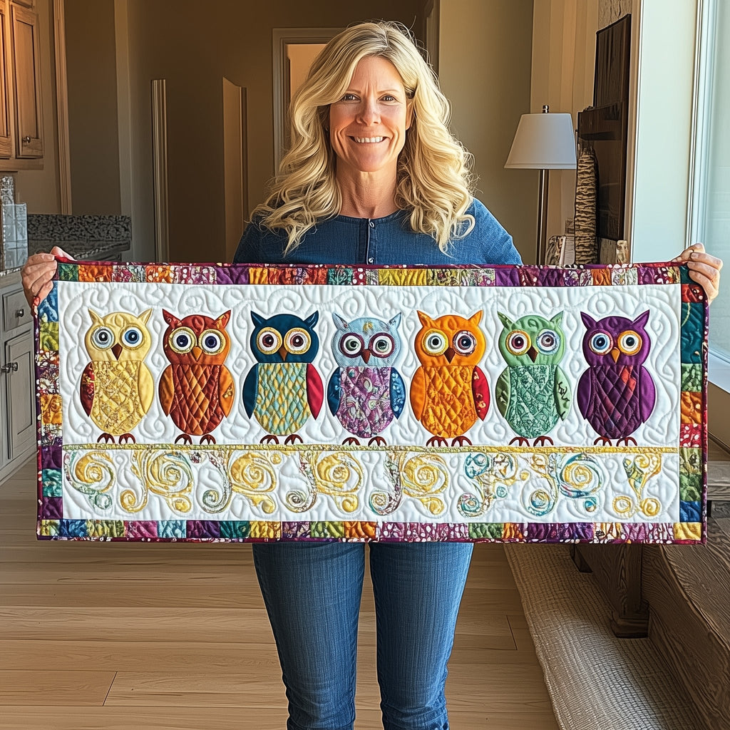 Owls on Swirl Patterned Cream Table Runner